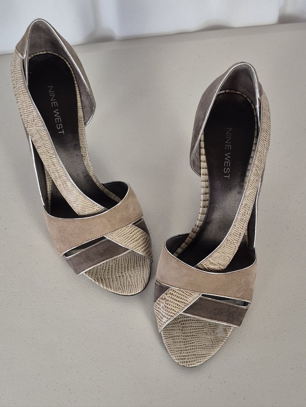 Nine West Tan and Beige Suede / Snake-Embossed D'Orsay Open-Toe Heels - Size 7.5